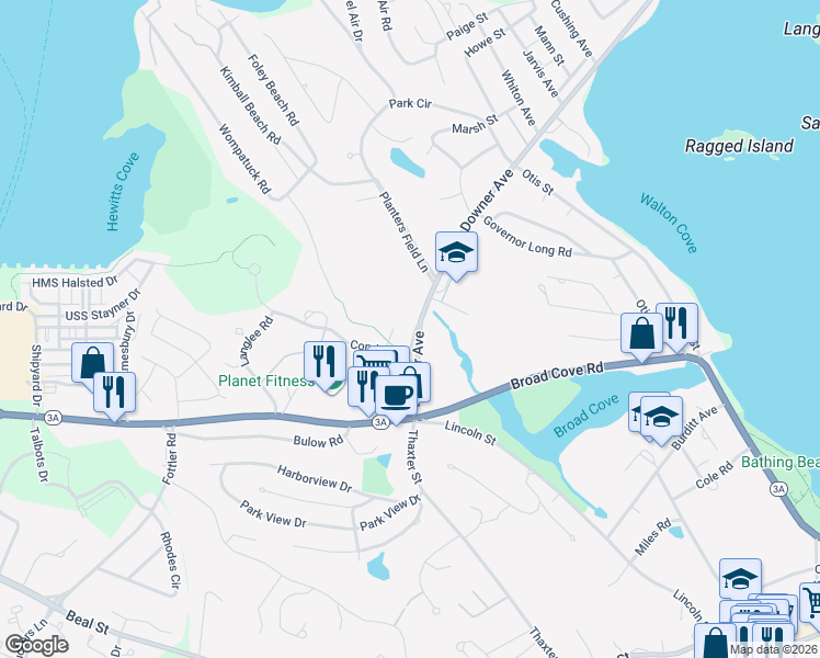 map of restaurants, bars, coffee shops, grocery stores, and more near 38 Crow Point Lane in Hingham
