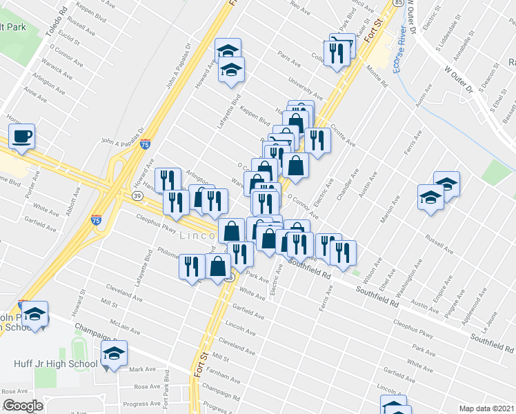 map of restaurants, bars, coffee shops, grocery stores, and more near 1676 Fort Street in Lincoln Park