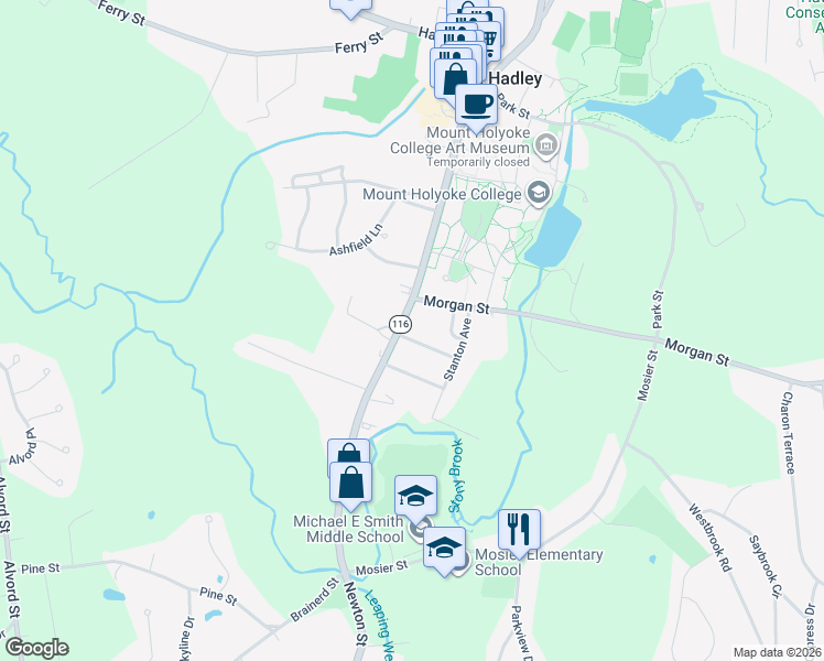 map of restaurants, bars, coffee shops, grocery stores, and more near 92 College Street in South Hadley
