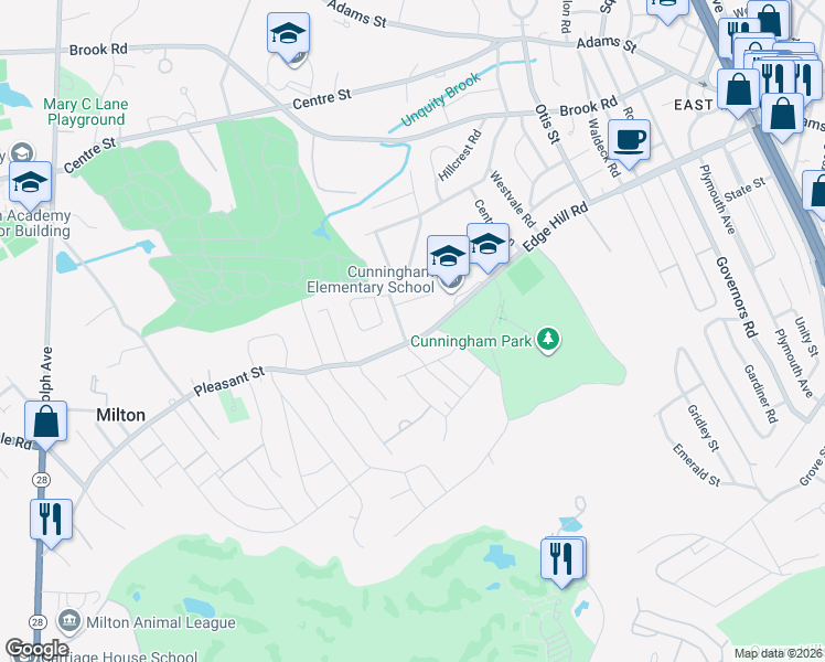 map of restaurants, bars, coffee shops, grocery stores, and more near 10 Edge Hill Road in Milton