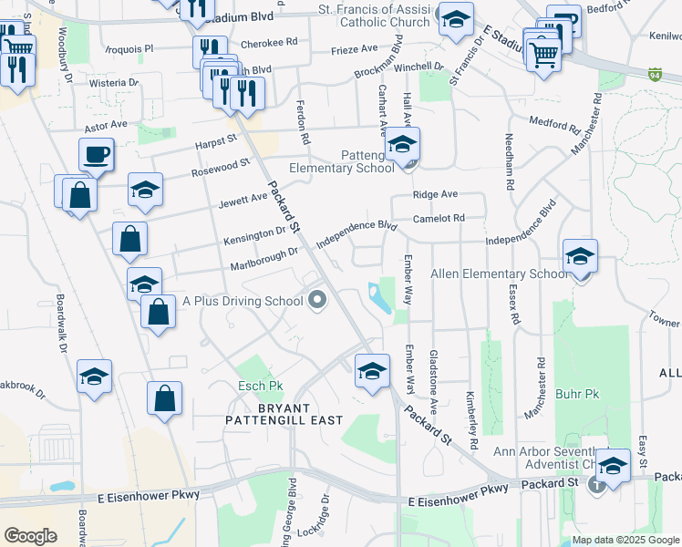 map of restaurants, bars, coffee shops, grocery stores, and more near 2441 Mulberry Court in Ann Arbor
