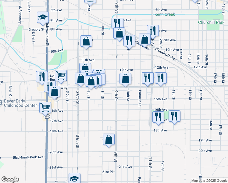 map of restaurants, bars, coffee shops, grocery stores, and more near 1515 9th Street in Rockford