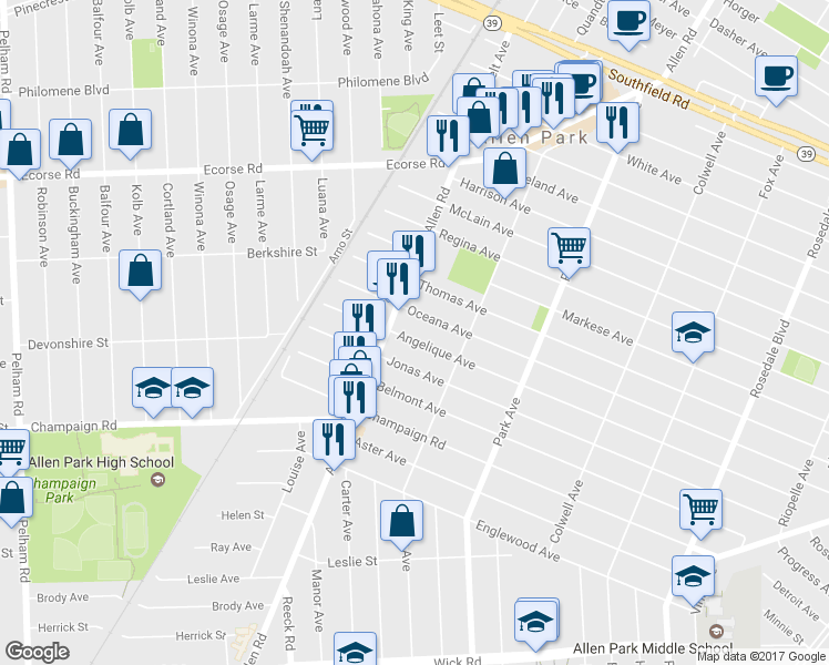 map of restaurants, bars, coffee shops, grocery stores, and more near 5800 Angelique Avenue in Allen Park