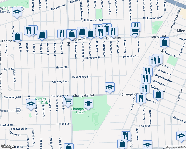 map of restaurants, bars, coffee shops, grocery stores, and more near 7860 Balfour Avenue in Allen Park