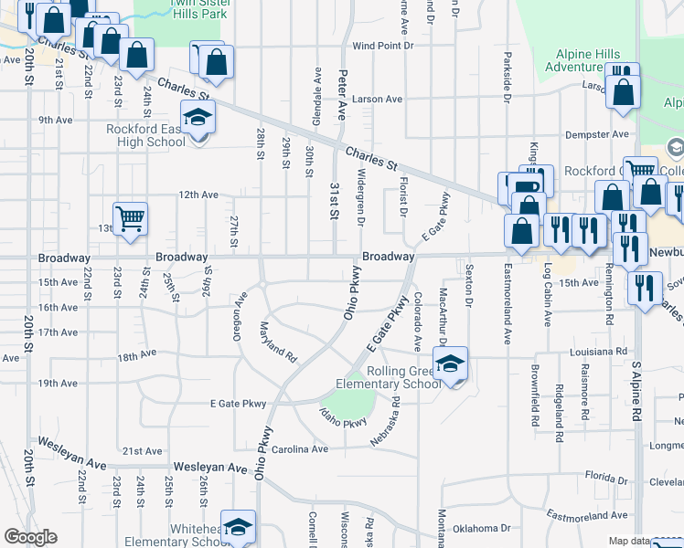 map of restaurants, bars, coffee shops, grocery stores, and more near 3332 Minnesota Drive in Rockford