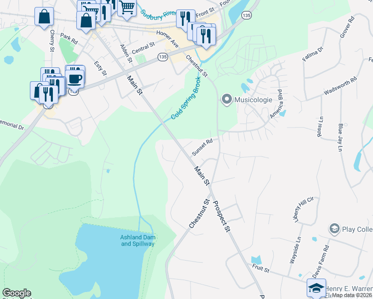 map of restaurants, bars, coffee shops, grocery stores, and more near 10 Sunset Road in Ashland