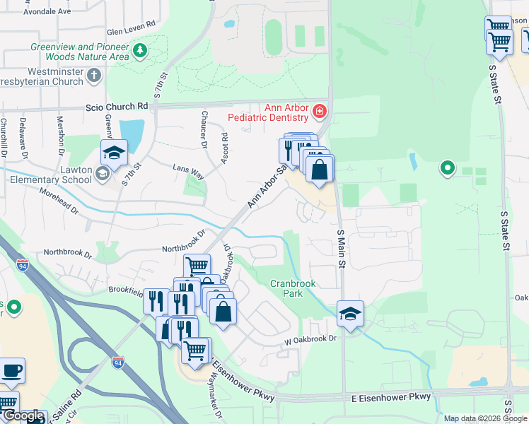 map of restaurants, bars, coffee shops, grocery stores, and more near 247 Fieldcrest Street in Ann Arbor