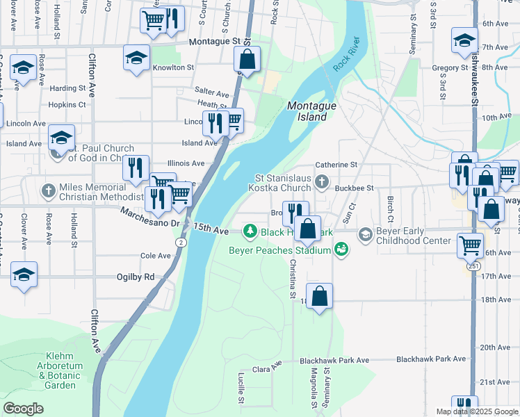map of restaurants, bars, coffee shops, grocery stores, and more near 130 Broadway in Rockford