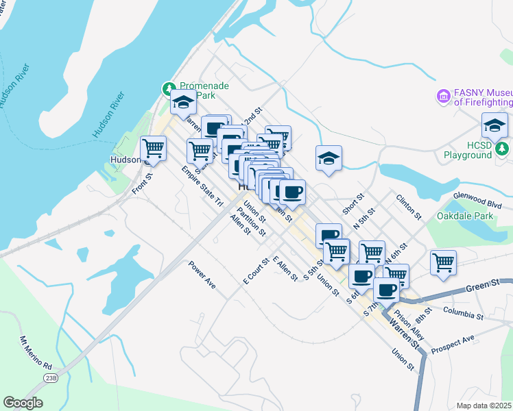 map of restaurants, bars, coffee shops, grocery stores, and more near 322 Union St in Hudson