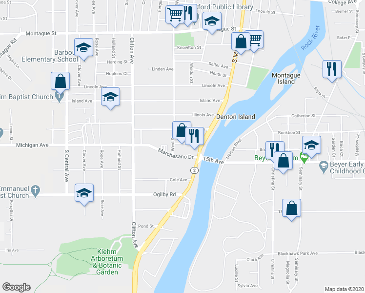 map of restaurants, bars, coffee shops, grocery stores, and more near 515 Marchesano Drive in Rockford