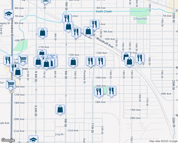 map of restaurants, bars, coffee shops, grocery stores, and more near 1515 Broadway in Rockford