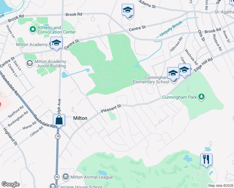 map of restaurants, bars, coffee shops, grocery stores, and more near 32 Badger Circle in Milton