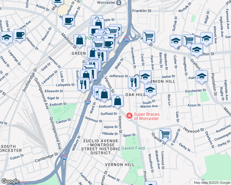 map of restaurants, bars, coffee shops, grocery stores, and more near 42 Vernon Street in Worcester