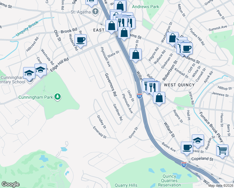 map of restaurants, bars, coffee shops, grocery stores, and more near 170 Governors Road in Quincy