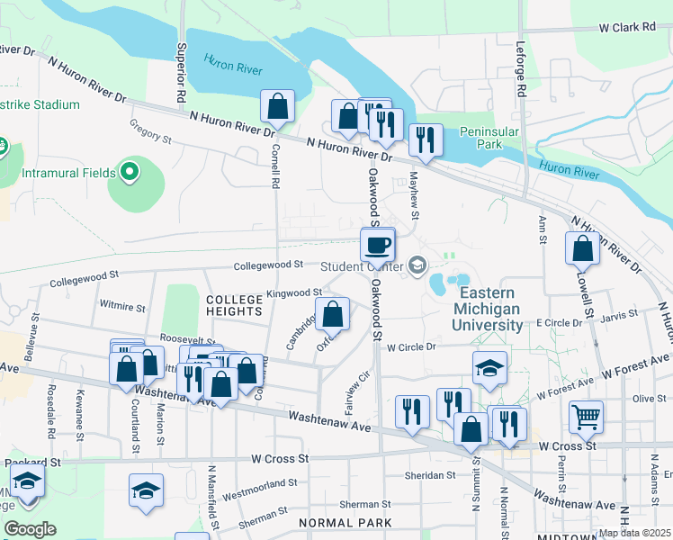 map of restaurants, bars, coffee shops, grocery stores, and more near 1303 Collegewood Street in Ypsilanti