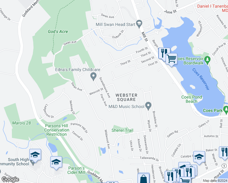 map of restaurants, bars, coffee shops, grocery stores, and more near 11 Forkey Avenue in Worcester