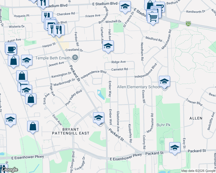 map of restaurants, bars, coffee shops, grocery stores, and more near 2560 Emerald Avenue in Ann Arbor