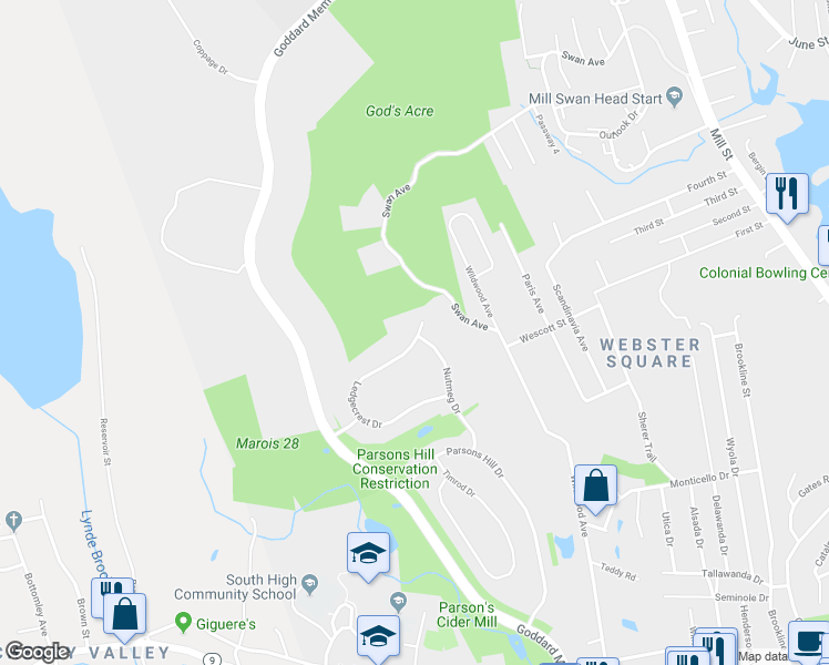 map of restaurants, bars, coffee shops, grocery stores, and more near 117 Ledgecrest Drive in Worcester