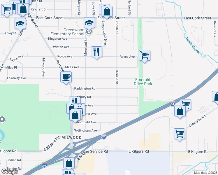 map of restaurants, bars, coffee shops, grocery stores, and more near 2025 Paddington Road in Kalamazoo