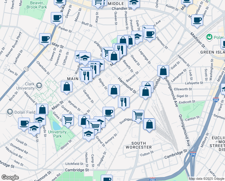 map of restaurants, bars, coffee shops, grocery stores, and more near 187 Beacon St in Worcester