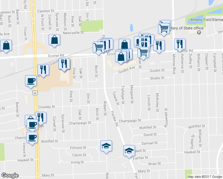 map of restaurants, bars, coffee shops, grocery stores, and more near 7806 Tulane Street in Taylor