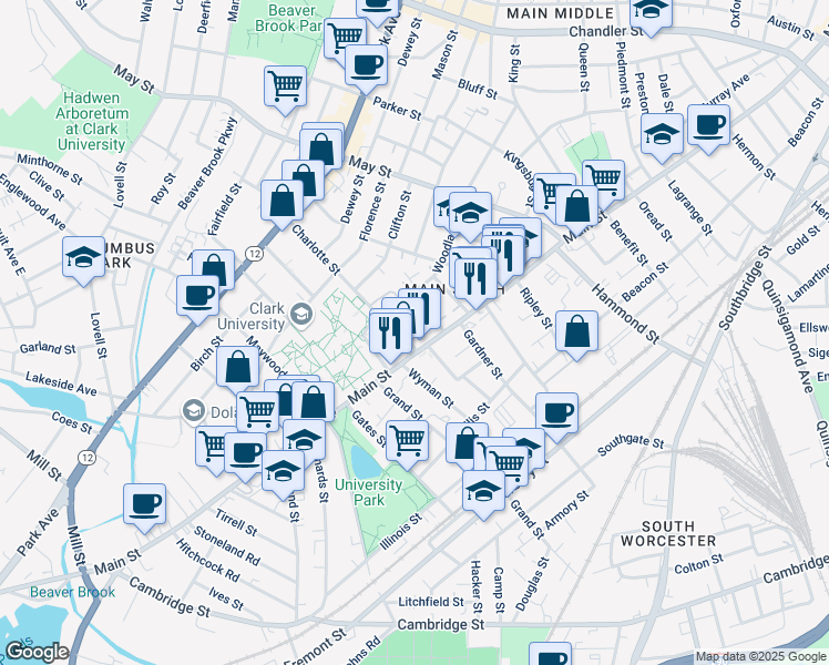 map of restaurants, bars, coffee shops, grocery stores, and more near 2 Hawthorne Street in Worcester