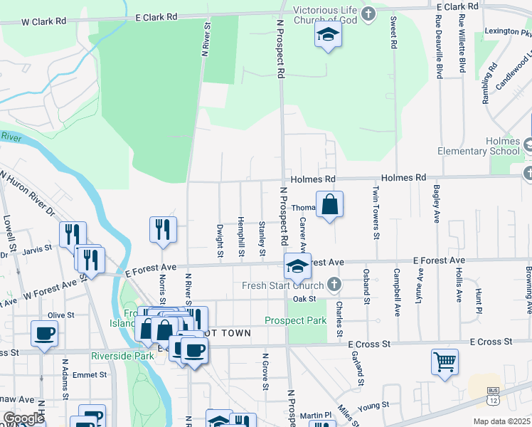 map of restaurants, bars, coffee shops, grocery stores, and more near 804 Stanley Street in Ypsilanti