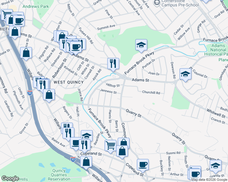 map of restaurants, bars, coffee shops, grocery stores, and more near 54 Jenness Street in Quincy