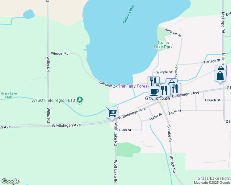 map of restaurants, bars, coffee shops, grocery stores, and more near 373 Lakeside Drive in Grass Lake Charter Township
