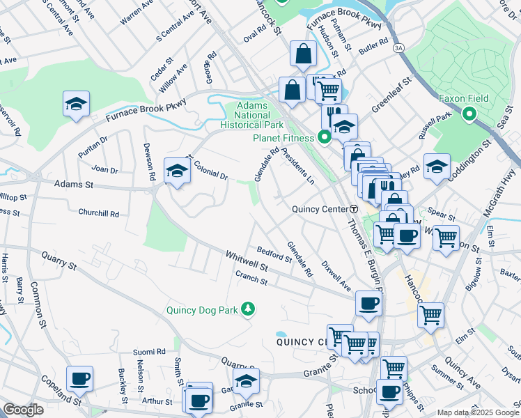 map of restaurants, bars, coffee shops, grocery stores, and more near 69 Glendale Road in Quincy