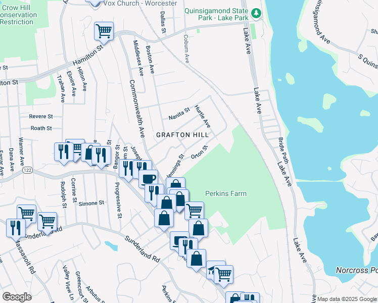 map of restaurants, bars, coffee shops, grocery stores, and more near 58 Jennings Street in Worcester