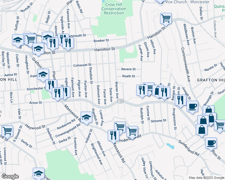 map of restaurants, bars, coffee shops, grocery stores, and more near 175 Dana Ave in Worcester