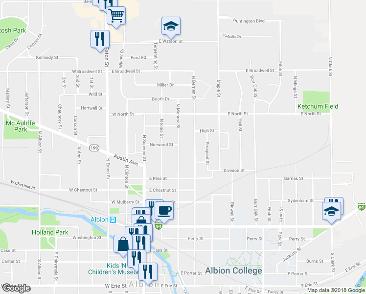 map of restaurants, bars, coffee shops, grocery stores, and more near 814 North Monroe Street in Albion