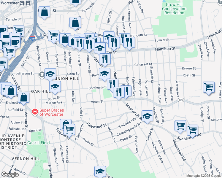 map of restaurants, bars, coffee shops, grocery stores, and more near 442 Grafton Street in Worcester