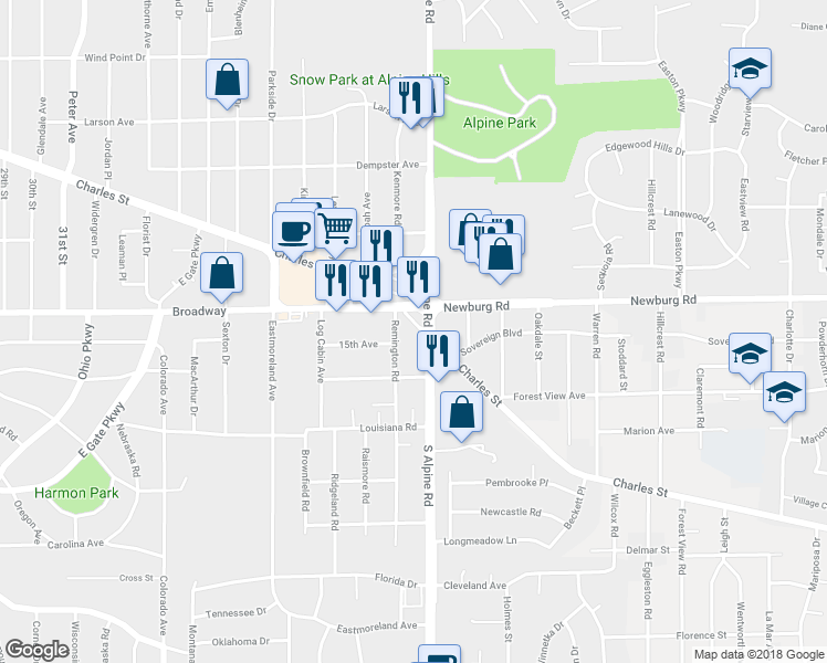 map of restaurants, bars, coffee shops, grocery stores, and more near 4409 Charles Street in Rockford