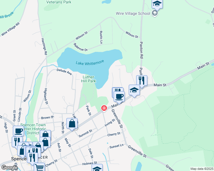 map of restaurants, bars, coffee shops, grocery stores, and more near 19 Roys Drive in Spencer