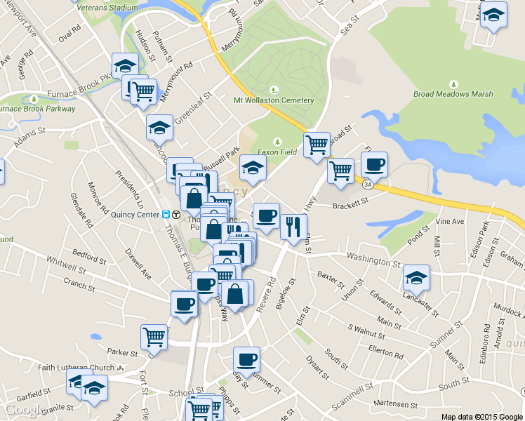 map of restaurants, bars, coffee shops, grocery stores, and more near 42 Spear Street in Quincy