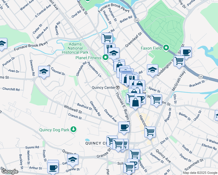 map of restaurants, bars, coffee shops, grocery stores, and more near 140 Presidents Lane in Quincy