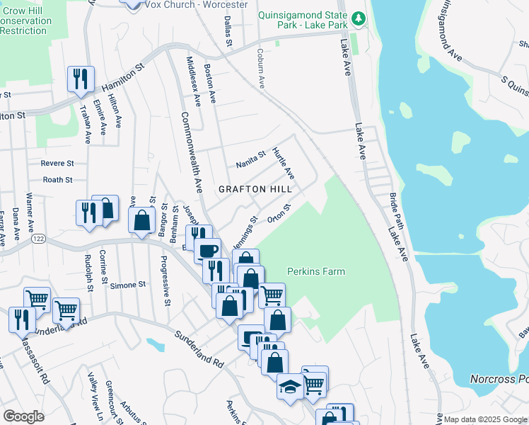 map of restaurants, bars, coffee shops, grocery stores, and more near 58 Jennings Street in Worcester