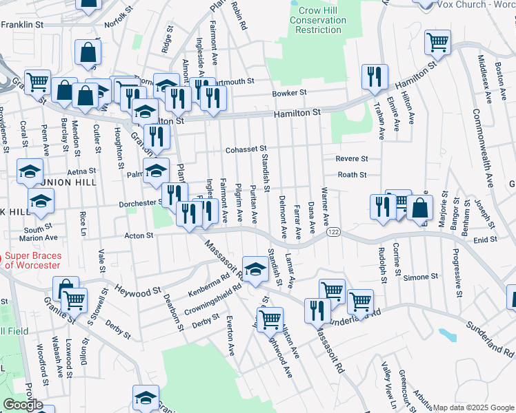 map of restaurants, bars, coffee shops, grocery stores, and more near 50 Standish Street in Worcester