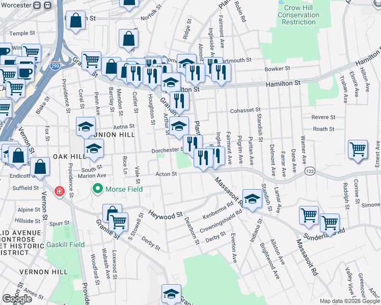 map of restaurants, bars, coffee shops, grocery stores, and more near 442 Grafton Street in Worcester