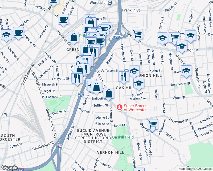 map of restaurants, bars, coffee shops, grocery stores, and more near 42 Vernon Street in Worcester