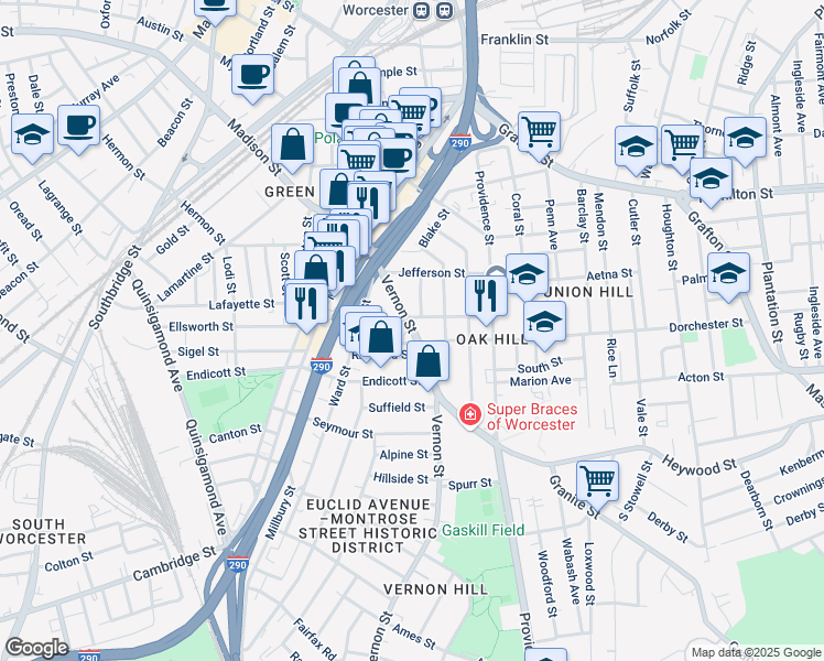 map of restaurants, bars, coffee shops, grocery stores, and more near 42 Vernon Street in Worcester
