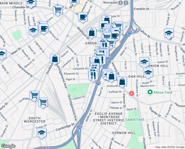 map of restaurants, bars, coffee shops, grocery stores, and more near 11 Ellsworth Street in Worcester