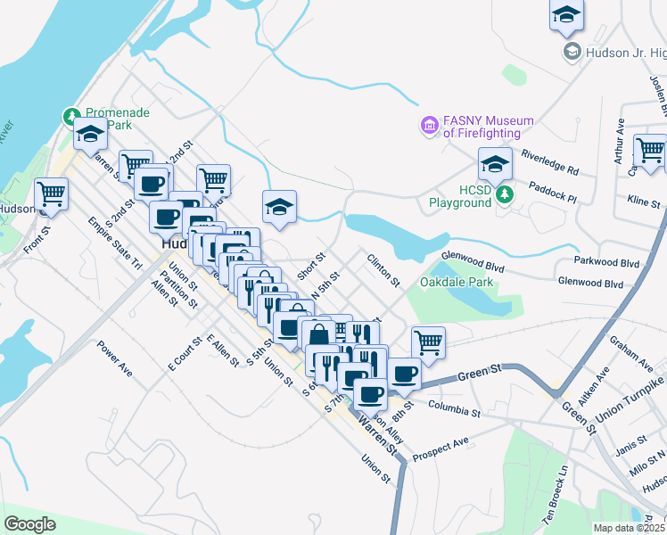 map of restaurants, bars, coffee shops, grocery stores, and more near 93 North 5th Street in Hudson
