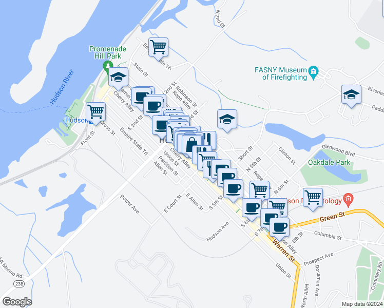 map of restaurants, bars, coffee shops, grocery stores, and more near 348 Warren Street in Hudson
