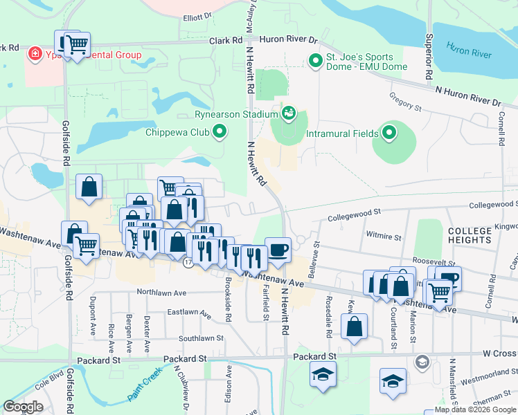 map of restaurants, bars, coffee shops, grocery stores, and more near 2224 Touchdown Court in Ypsilanti