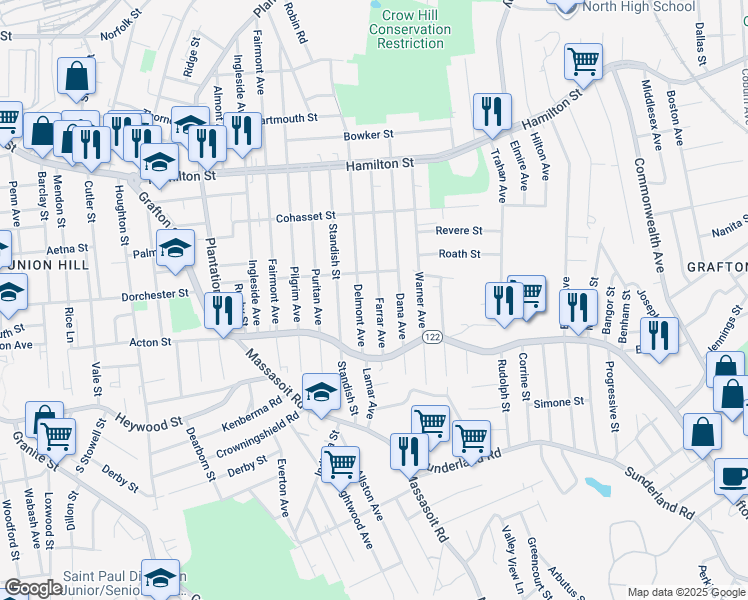 map of restaurants, bars, coffee shops, grocery stores, and more near 118 Farrar Avenue in Worcester
