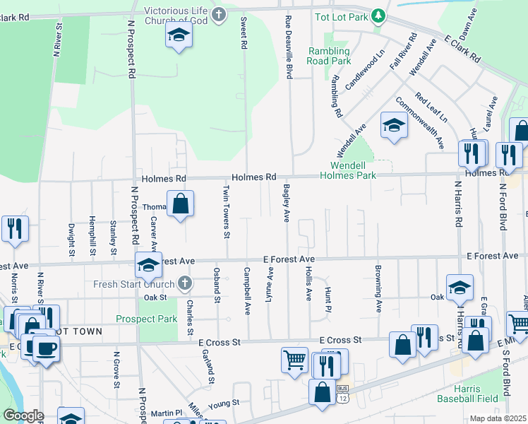 map of restaurants, bars, coffee shops, grocery stores, and more near 930 Holmes Road in Ypsilanti