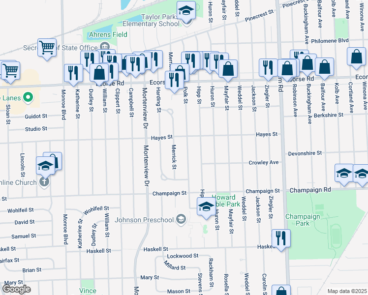 map of restaurants, bars, coffee shops, grocery stores, and more near 7754 Polk Street in Taylor